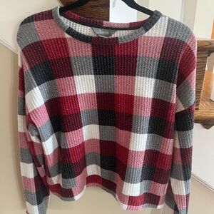 Women’s M Plaid Sweater-Red, White, and Gray